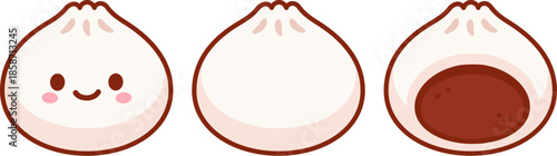 Baozi, dim sum, xiaolongbao. Traditional Chinese dumpling with kawaii face and cross section showing filling. Asian food vector illustration.