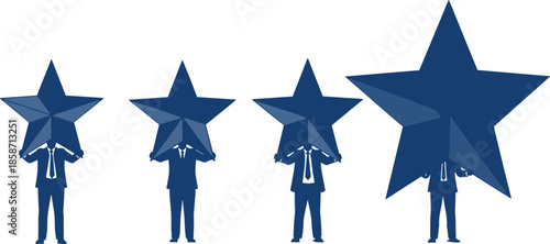 Successful businessmen silhouettes holding large blue stars representing professional achievement quality rating excellence leadership performance and business growth strategy for companies