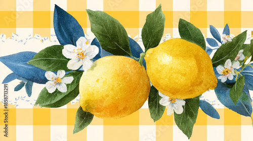 “Lemon and Floral Watercolor Illustration with Blue Mediterranean Tiles and Elegant Frame”