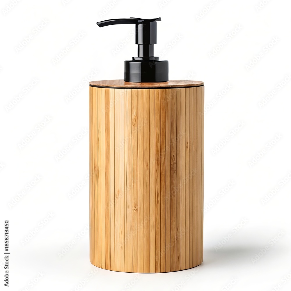 Obraz premium Bamboo soap dispenser with black pump isolated on white background