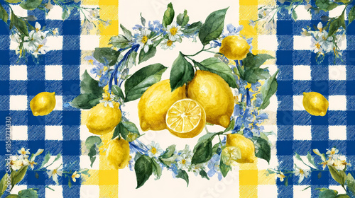 “Lemon and Floral Watercolor Illustration with Blue Mediterranean Tiles and Elegant Frame”