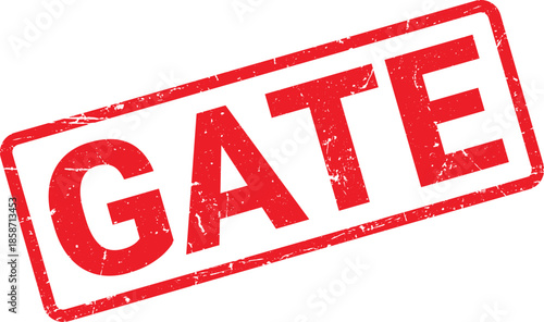 Distressed Red GATE Stamp with Angled Rectangle Border on a Clean White Background