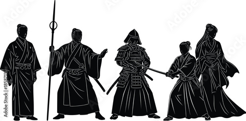 Traditional Japanese Samurai and Warrior Silhouette Set Featuring Ronin Fighters in Kimono with Katana Swords and Naginata Spears for Bushido Design