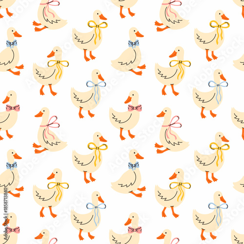 Seamless pattern with geese and ribbons. Flat vector illustration.