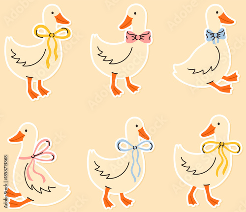 Set of geese with bows stickers. Flat vector illustration.