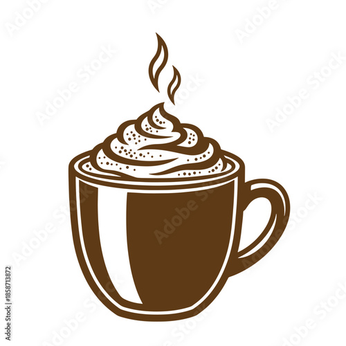 Vintage Brown coffee cup with whipped cream on top and steam rising isolated on transparent background