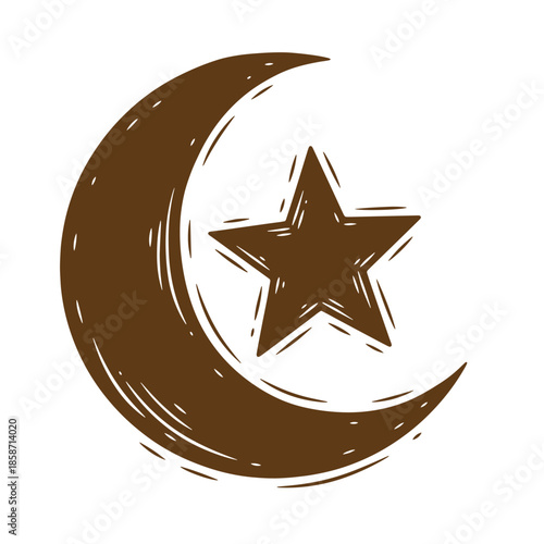 Vintage Brown crescent moon and star symbol isolated on white background
