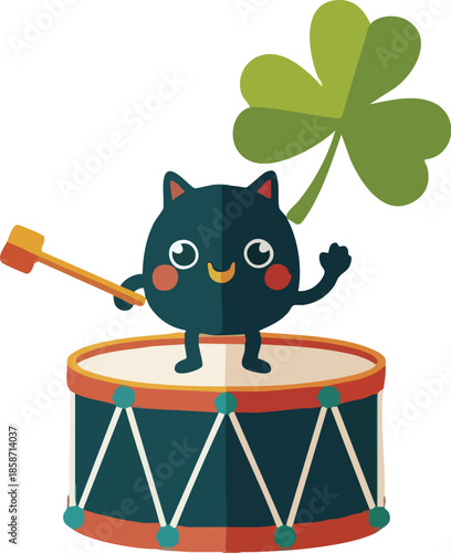 A cartoon black cat plays a drum with a mallet while standing on it and holding a four-leaf clover, against a plain white background.