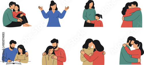 Various people characters providing emotional support empathy and comfort representing family relationships mental health counseling friendship partnership and human connection moments