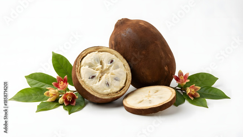 Exotic cupuaçu fruit, whole and sliced, showcasing its creamy pulp and seeds with blossoms