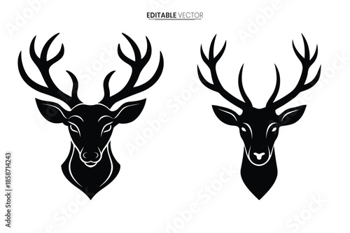 Elegant black and white illustration of two deer heads with large antlers a vector graphic