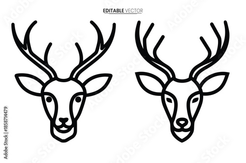 Detailed black and white line art of two majestic deer heads facing forward symmetrical design