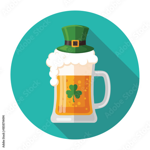 Flat design illustration of a beer mug with a green hat and shamrock on a teal background with shadow.