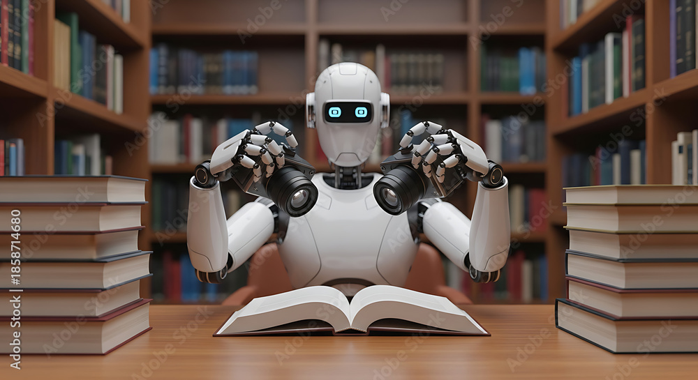 Fototapeta premium Robot Reading a Book in Library, Searching for Knowledge with Binoculars