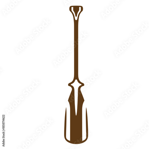 Vintage brown garden fork with long handle and three prongs isolated on white background