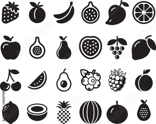 24 Fruit Icon Set, Strawberry, Mango, Apple, Banana, Orange, Grapes, Cherry, Watermelon, Pineapple, Coconut, Lemon, Peach, Fig, Pear Vector Collection