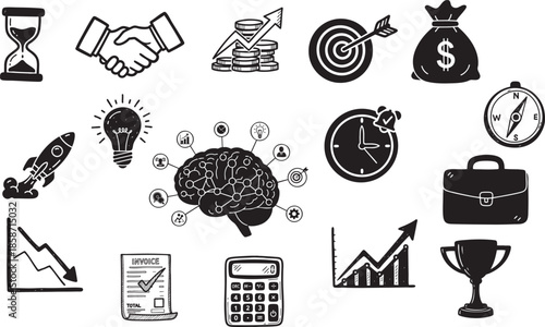 A collection of business icons depicting time management success strategy and financial growth concepts in black and white