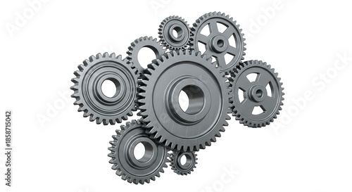 A dynamic arrangement of interlocking silver gears and cogs floating in a dark, isolated space.