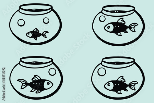 Cute cartoon fishbowls with fish and bubbles illustration set