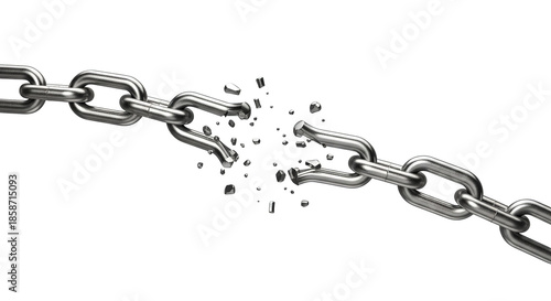 A fractured metal chain with shattered links symbolizes breaking free, power, and strength on black.