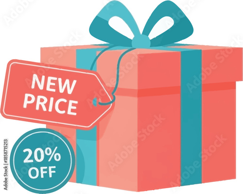 A red gift box with a blue ribbon and new price discount tag