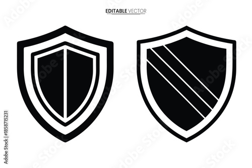 Two black shield emblems with distinct internal designs representing protection and security displayed side by side