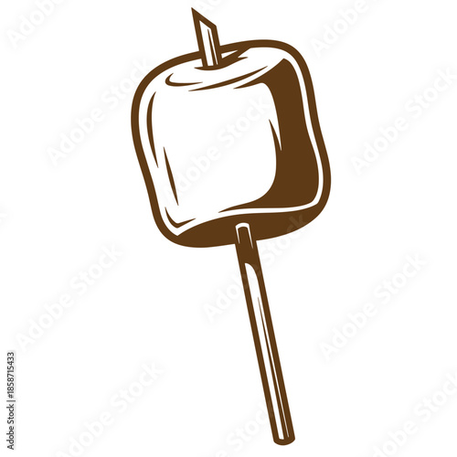 Vintage Brown illustration of a marshmallow on a stick sweet treat for toasting over a campfire outdoors in summer