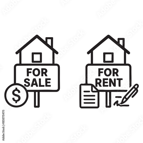 House for Sale and Home for Rent Icons – Buy Property, Online Listing and Lease Agreement Vector Set