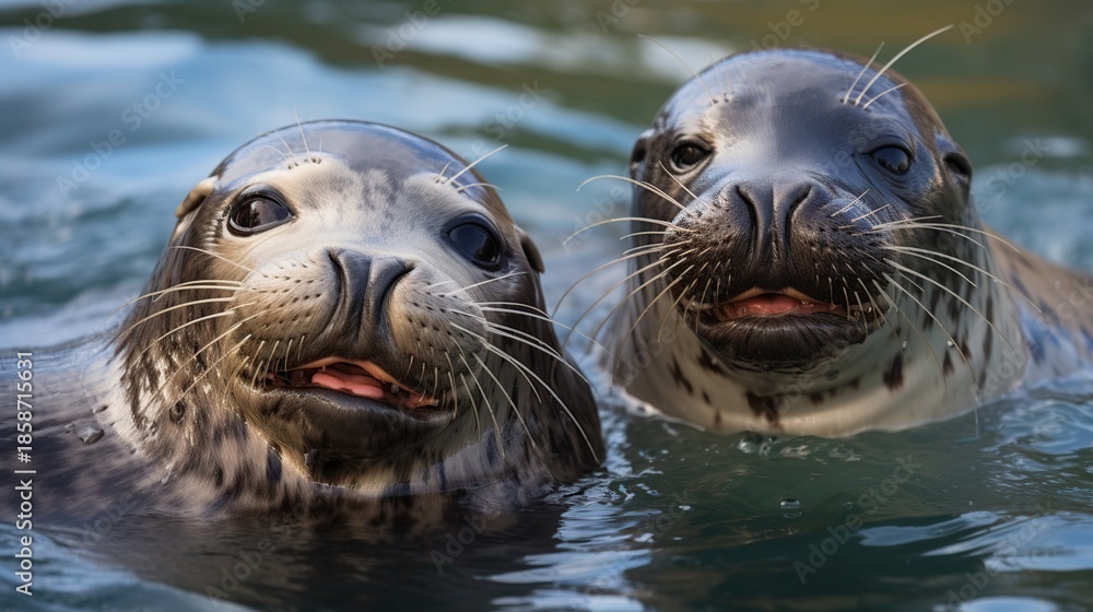 Fototapeta premium Two Curious Harbor Seals Peering Over the Water's Surface with Playful Expressions