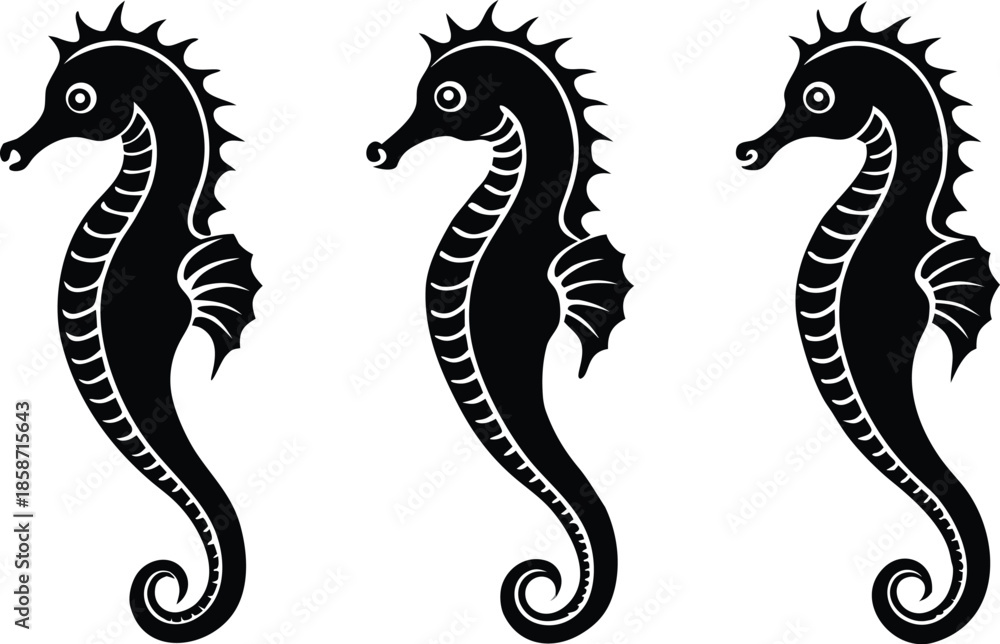Fototapeta premium Three stylized seahorse silhouettes in a row with elegant curves
