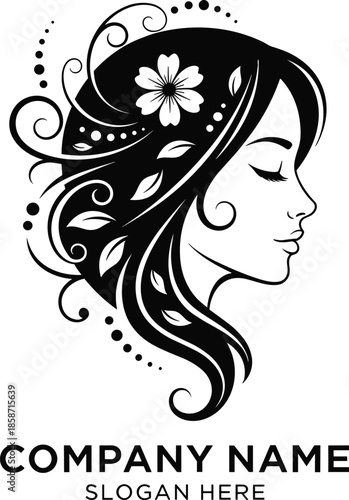 Beautiful woman face profile logo with long flowing hair decorated with flowers and leaves for beauty salon spa or boutique