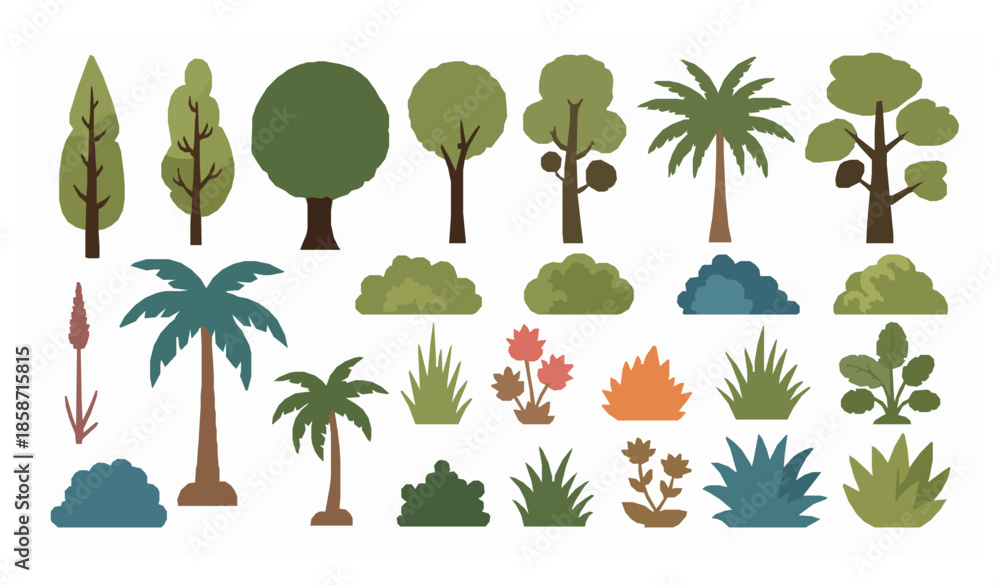 Obraz premium Stylized trees and plants vector set with modern flat nature elements on white background