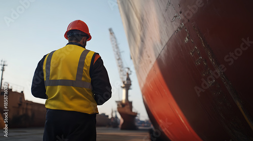 A port worker, facing away, stands before a large ship, sporting a hard hat and vest. Cranes are visible in the background, and the sky is clear, implying maritime work & inspection.