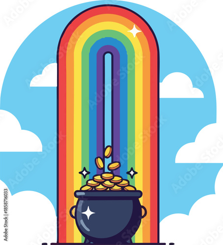 Vibrant vector illustration of a brilliant rainbow arcing into a pot of gleaming gold coins, set against a blue sky with fluffy clouds, symbolizing fortune, prosperity, and joyful celebration