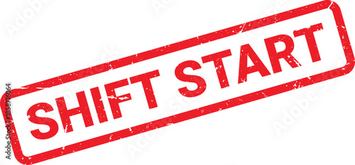 Distressed Red Shift Start Stamp on White Background Imperfect Edges and Angled Perspective