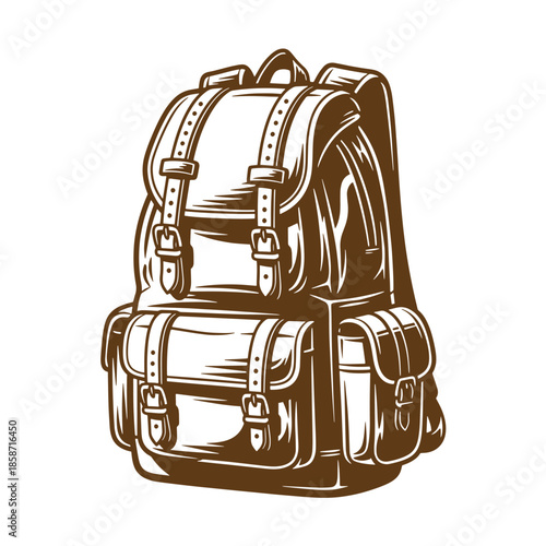 Vintage Brown leather backpack with multiple pockets and buckles for travel and outdoor activities  isolated on white background