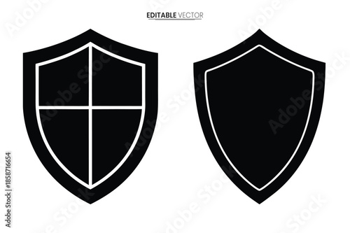 Detailed illustration of two black shield icons with white outlines and internal cross designs