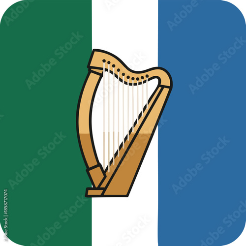 Irish Harp Emblem on Green, White, and Blue Flag Background - Digital Artwork
