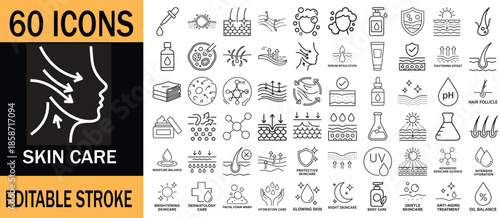 60 Editable Stroke Icons – Modern Skincare & Cosmetic Treatments
