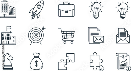 Business and startup outline icon set featuring strategy finance ecommerce marketing growth analytics symbols for web and app designWeb
