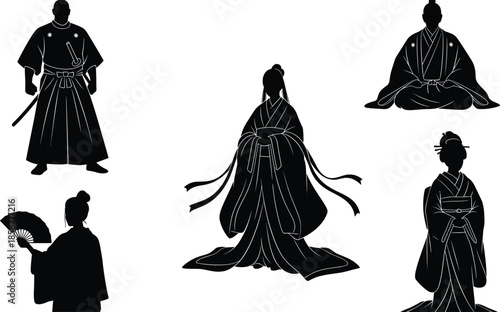 Black silhouettes of Japanese samurai warriors and geisha women in traditional kimono representing historical eastern culture heritage martial arts and traditions