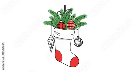 Classic holiday decoration featuring a white and red Christmas stocking overflowing with fresh green pine branches and various red ornaments.