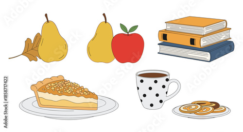 Charming autumn-themed collection of snacks and books including fresh pears, an apple, a stack of novels, pumpkin pie, coffee, and cookies.
