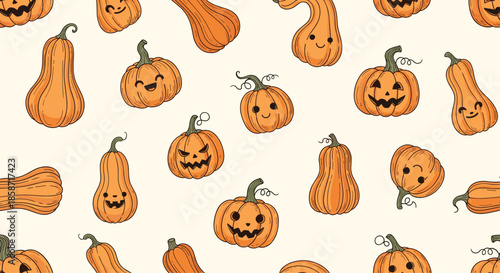 Playful seamless pattern featuring a variety of orange pumpkins and gourds with different funny and spooky hand-drawn faces for Halloween.