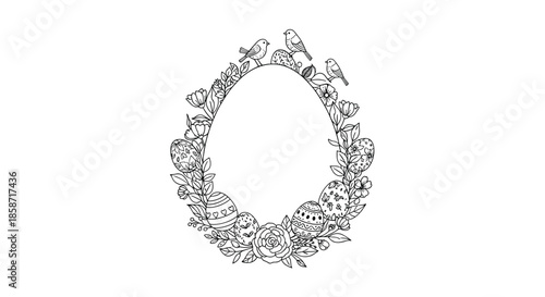 Ornate egg-shaped frame crafted from intricate black and white line art including various birds, spring flowers, and detailed Easter eggs.