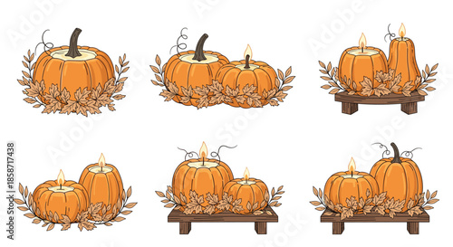 Autumnal collection of six decorative sets featuring orange pumpkins, candles, and colorful fall leaves arranged on rustic wooden stands.
