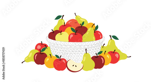 Generous harvest illustration showing a white woven basket overflowing with red and yellow apples and green pears, with more fruit scattered.