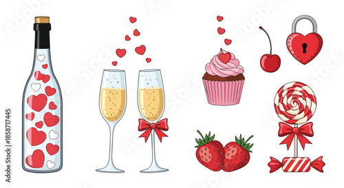 Large collection of romantic Valentine items including a wine bottle with hearts, champagne glasses, a cupcake, strawberries, and treats.