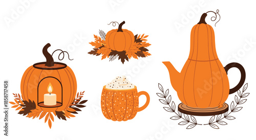 Warm autumn arrangement including a pumpkin with a candle, a festive mug with whipped cream, and a pumpkin-shaped teapot with green leaves.