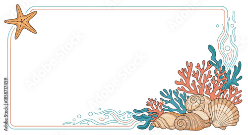 Beautiful nautical frame decorated with a variety of seashells, a starfish, colorful coral branches, and stylized ocean waves for the beach.